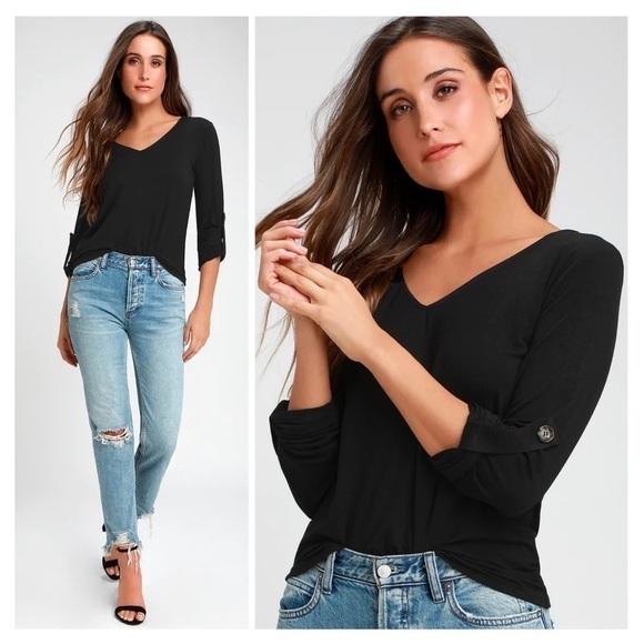LULU’S Smitten Black Three Quarter Sleeve V Neck Top - Picture 1 of 4